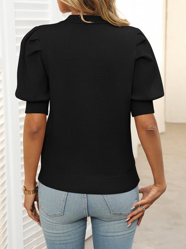 Casual Simple Round Neck Puff Sleeve Sweater - Bikini Saturdays