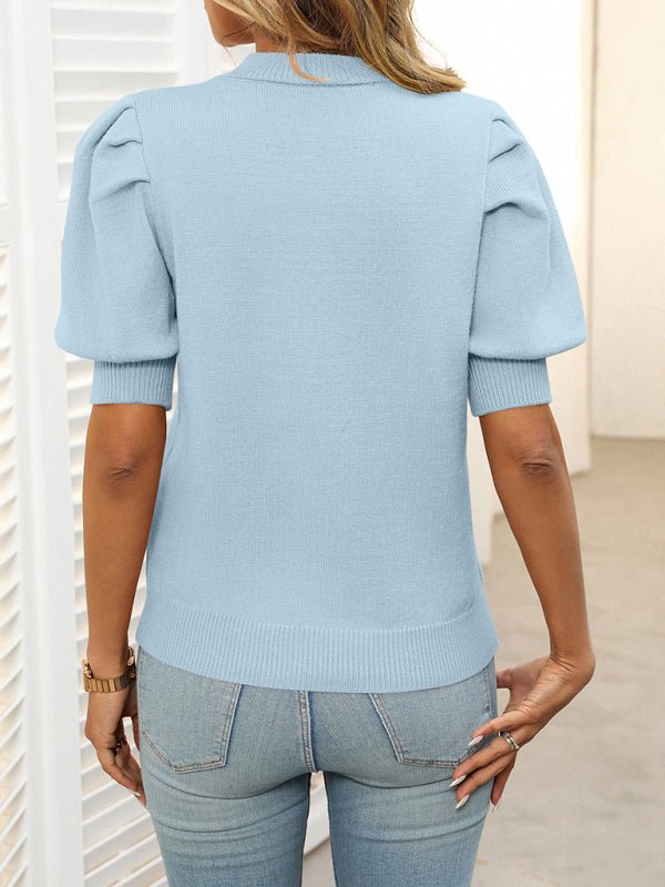 Casual Simple Round Neck Puff Sleeve Sweater - Bikini Saturdays