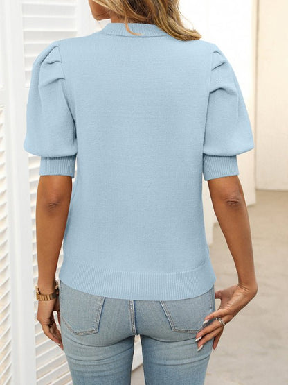 Casual Simple Round Neck Puff Sleeve Sweater - Bikini Saturdays