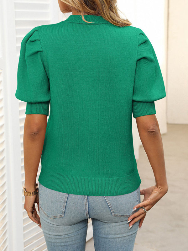 Casual Simple Round Neck Puff Sleeve Sweater